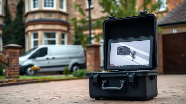 CCTV drain survey monitor on a residential driveway — pre-purchase drain survey Poole