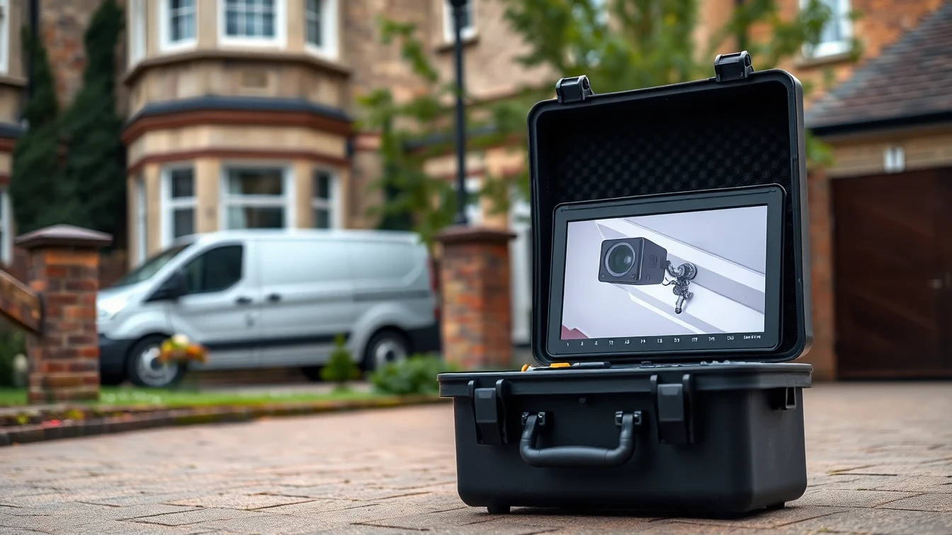 CCTV drain survey monitor on a residential driveway — pre-purchase drain survey Poole